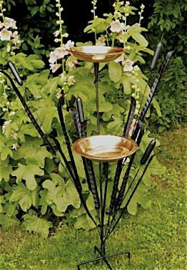 Double Cattail Bird Bath With Iron Perches 3 Double Cattail Bird Bath With Iron Perches