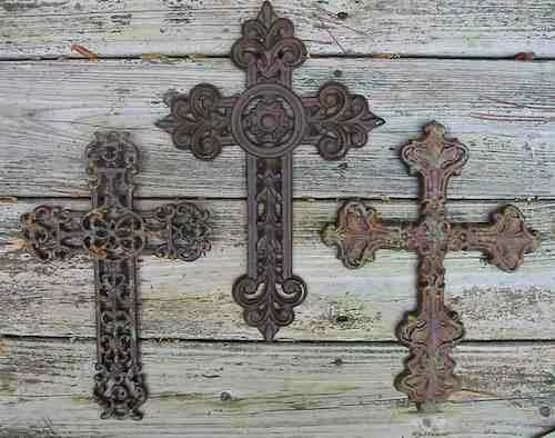 Cast Iron Crosses-Set Of 3 Dark With Verde Accents 3 Cast Iron Crosses-Set Of 3 Dark With Verde Accents